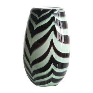 Vintage Green Black Zebra Stripe Cased Glass Vase 8"